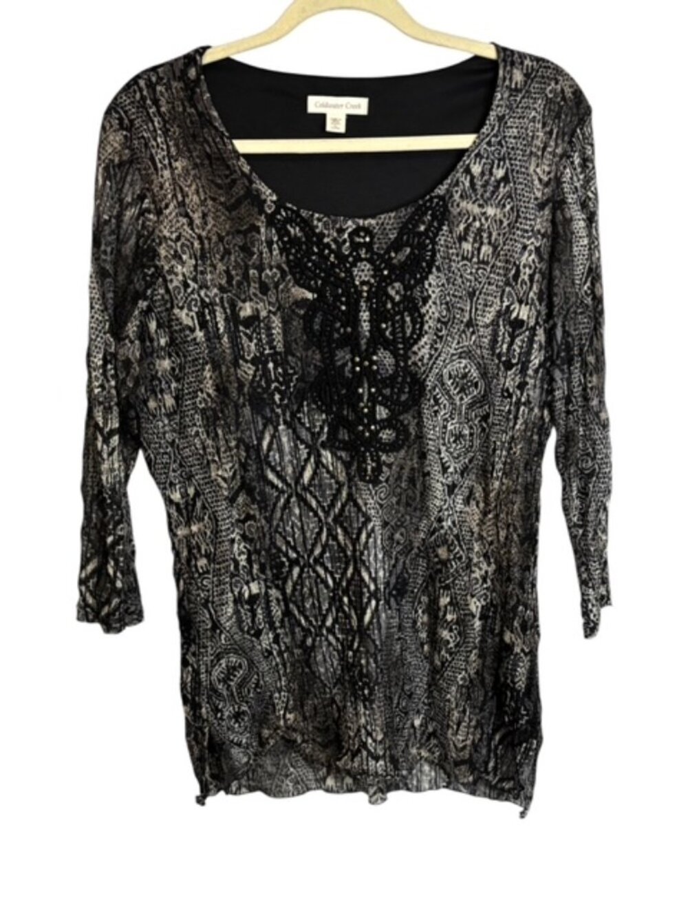 Coldwater Creek Blouse Women's Large Boho Crochet Snakeskin Print Black